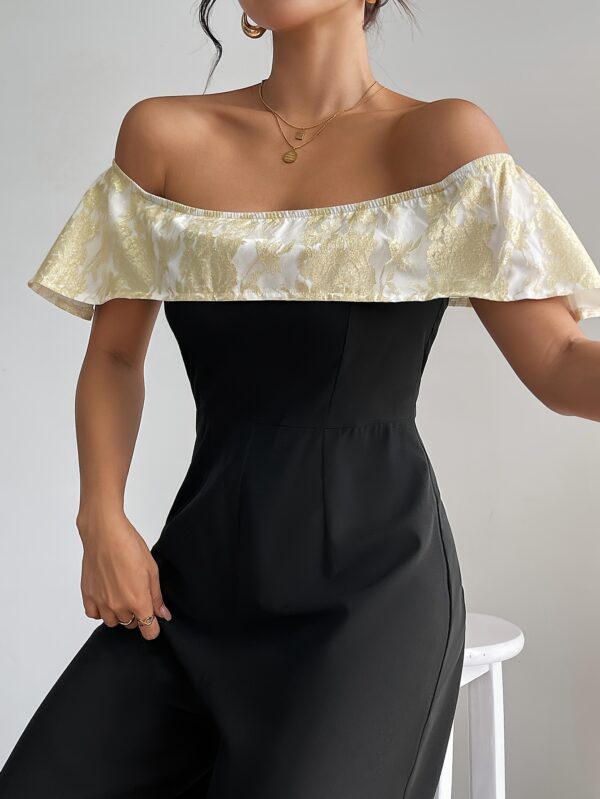 Women'S Elegant Off-Shoulder Jumpsuit with Golden Floral Detail - High-Waisted Wide-Leg Pants, Black & White Contrast, Perfect for Spring/Summer, Adult Fashion, Stylish Outfit | Floral Detail Jumpsuit | Polyester Fabric - Image 6