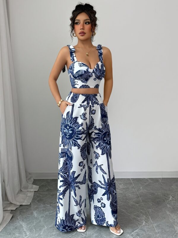 Women'S Elegant Floral Print Sleeveless Maxi Pants Set - Blue and White, Polyester, Perfect for Vacation, Spring/Summer, Casual Style, Casual Attire|Floral Print Top|Polyester Fabri