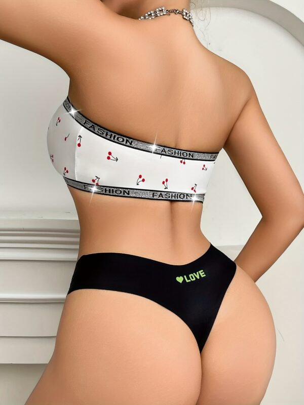 1 Set Cherry Print Sexy Front-Opening Wrap Bra and Seamless Thong Set, Fashionable Strapless Glitter Letter Silvery Elastic Band Comfort Breathable Color-Mix Panties for All Seasons and Casual Attire Underwear Set - Image 8