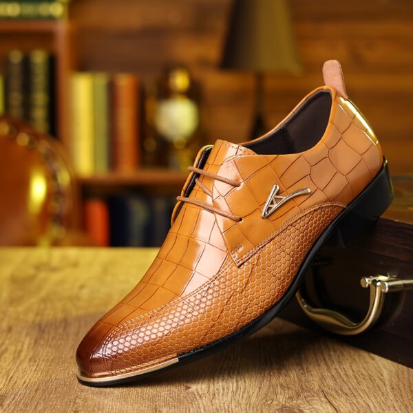 Men's Formal Dress Shoes - Brown Crocodile Pattern Lace-Up Oxfords with Golden Accents, Black Rubber Sole, Perfect for Business, Party, or Streetwear, Formal Shoes - Image 4
