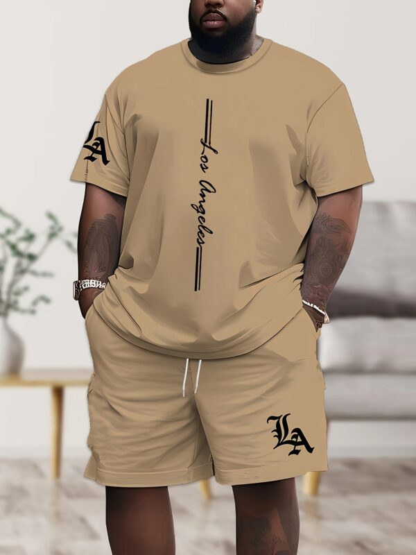Summer Plus Size Men'S Round Neck Short Sleeve Shorts Khaki Pajama Set 3D Print Pattern Home Leisure Loungewear Men'S Two-Piece Set with Pants and Drawstring