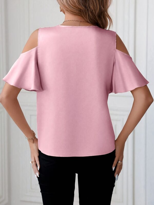 Women'S Off-Shoulder Lace Trim Blouse - Pink V-Neck Short Sleeve Shirting Top with Contrast Lace Detail, Summer Fashion for Adults, Adult Fashion Top | Lace Detailing | Vneck Collar, Lace Blouse - Image 7