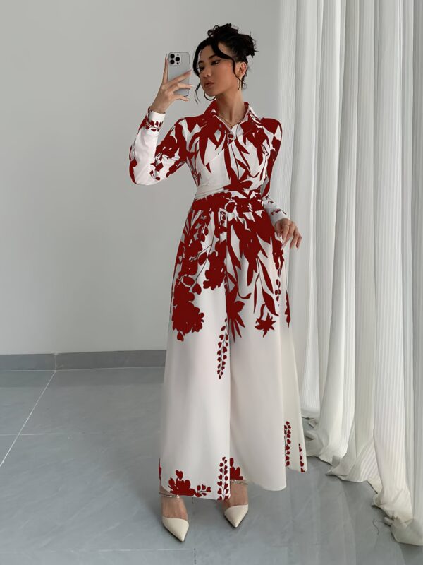 Women's leaf print shirt collar jumpsuit, long sleeve tie waist jumpsuit