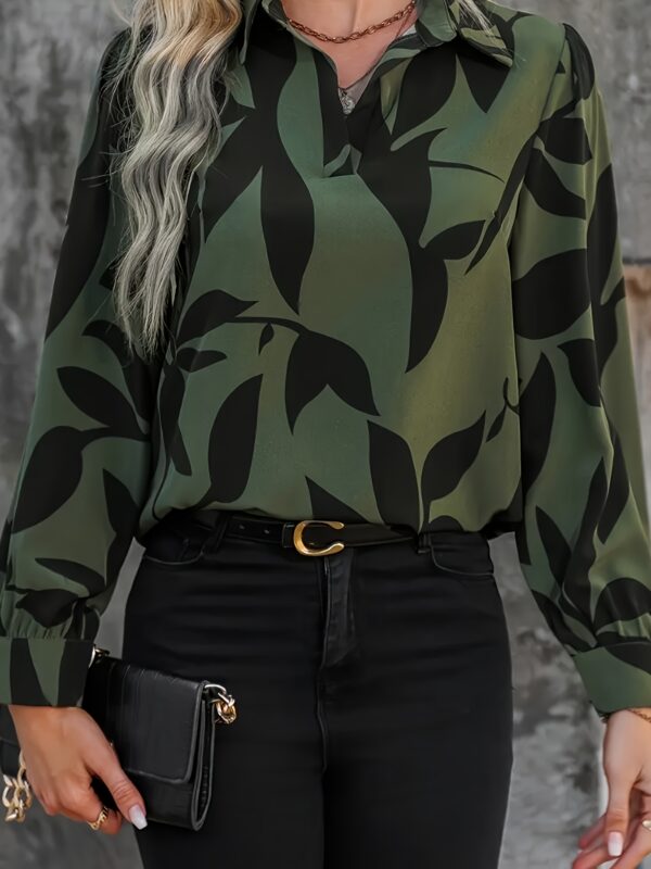 Women's Elegant V-Neck Long Sleeve Blouse - Black & Beige Geometric Print, Machine Washable Regular Fit Shirt for Spring Summer Fall, Office & Casual Wear, Smooth Texture Fabric, Work Attire, Classic Design, Durable Construction, Buttonup Top, Professional Women - Image 8