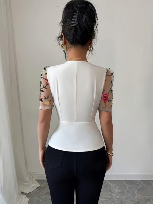 Elegant V-Neck Blouse for Women | Vintage Floral Embroidery with Lace Detail | Short Sleeve, Button-Up Shirt | Polyester & Spandex Blend | Spring/Summer Collection | Chic Waist-Cinching Design | Versatile Fashion Top, Ladies Blouses - Image 9