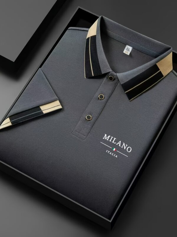 Men'S Lightweight Soft Polo Shirt with "MILANO ITALIA" Letter Print - Breathable Summer Casual & Business Wear, Regular Fit, Button-Up Collar, Perfect for Vacation & Everyday Use, Vacation Clothing, Stylish Contrast Design, Soft Fabric Shirt - Image 4