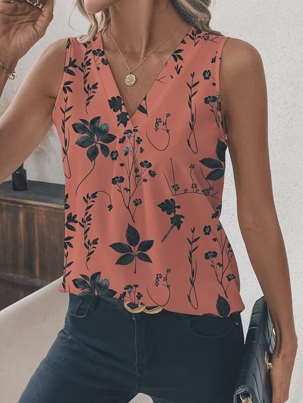 Women'S Elegant V-Neck Sleeveless Blouse with Vibrant Coral Floral Print - Casual Chic Top for Spring/Summer/Fall, Polyester Fabric, Perfect for Casual Attire, Ladies Blouses - Image 7