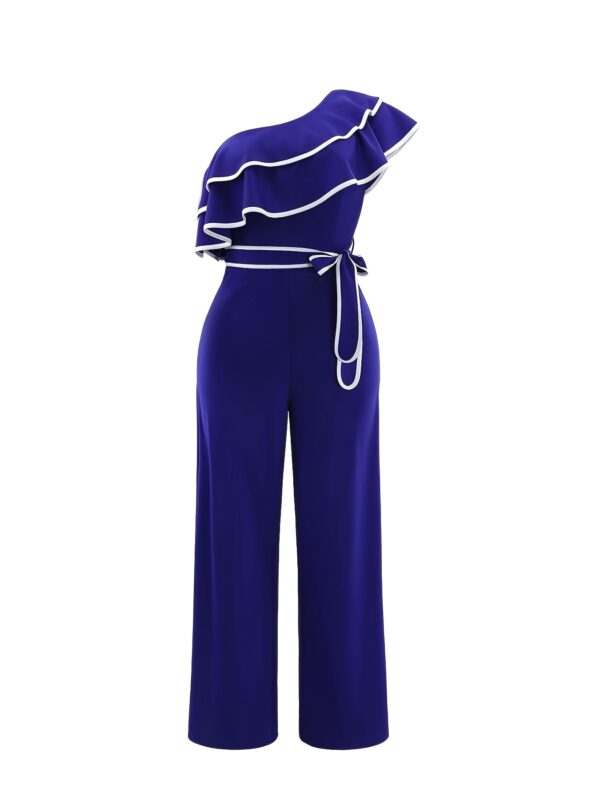 Elegant Women's One-Shoulder Ruffle Jumpsuit - Chic Purple Sleeveless Wide-Leg with Tie Waist, Polyester & Spandex Blend, Perfect for Spring/Summer/Fall - Image 4