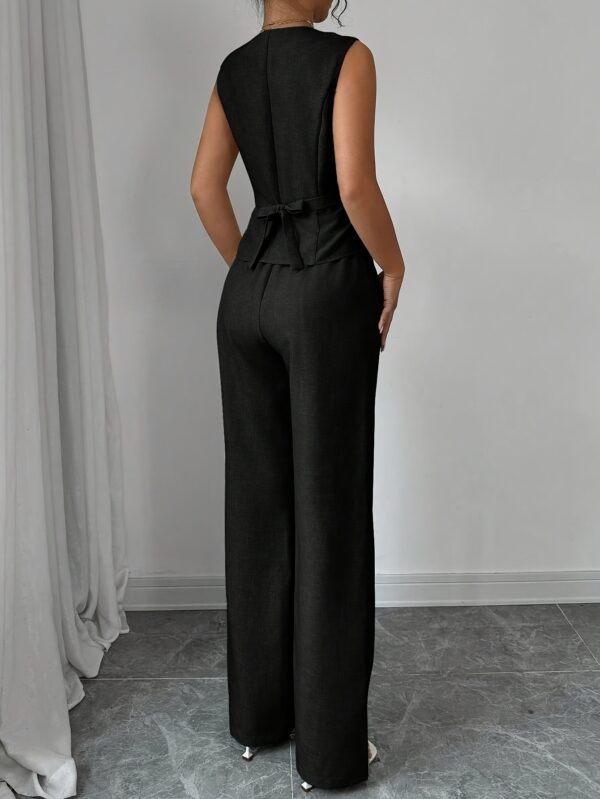 Women'S Elegant Sleeveless V-Neck Waist Tie Front Vest and Straight Leg Pants Set - Solid Color, High-Waisted Wide-Leg Pants with Button Details, Perfect for Spring/Summer Commute or Casual Outings, Versatile Fashion | Sleek Modern Look | Button Detailing - Image 13