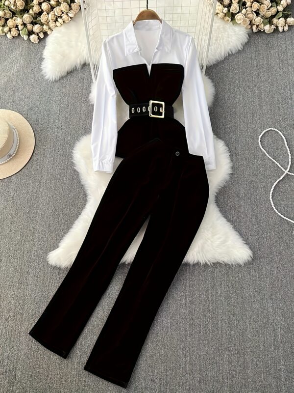 Elegant Women'S Color Block Suit - Stylish White Blouse & Black Pants with Belt, Perfect for All Seasons, Allseason Suit|Chic Blouse Design|Sleek Fit Pants
