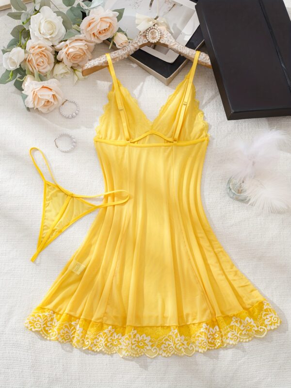 V-neck Two-Tone Lace Sheer Mesh Bow Halter Dress + Thong Set, Sexy Fashion Women's Lingerie Sleepwear - Image 7