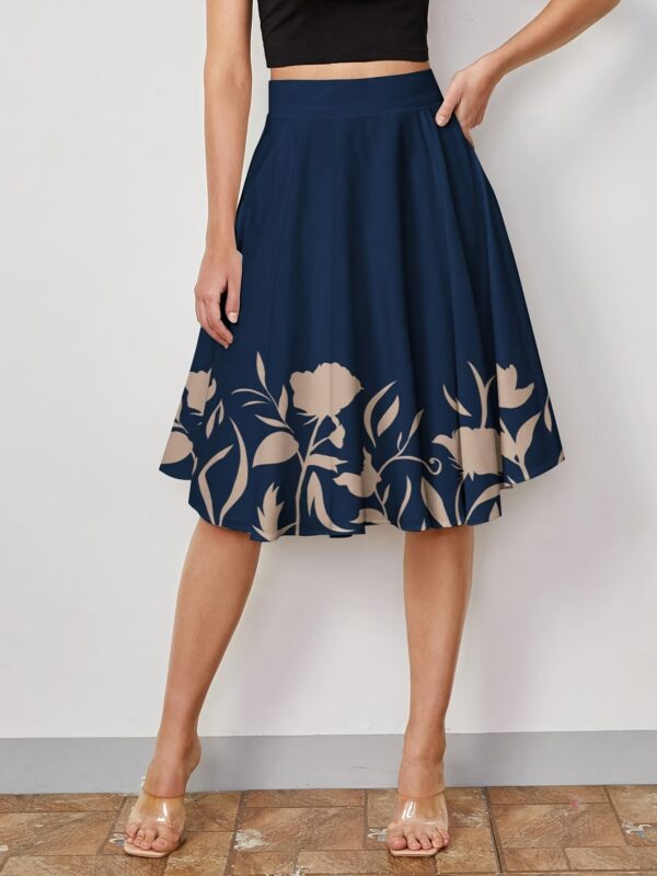 Women's Elegant Floral Print A-Line Skirt - Dark Blue with Beige & White Flowers, High Waist, Machine Washable, Spring/Summer/Fall Fashion, Comfortable Waistband | Flowing Skirt Style | Comfortable Fit Skirt