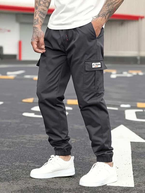 Men'S Casual Solid Color Cargo Pants, Multi-Flap Pocket Drawstring Trousers, Loose Fit Outdoor Work Pants, Streetwear Hip-Hop Style, 100% Polyester, Non-Stretch Woven Fabric, 190gsm - Regular Fit - Image 6