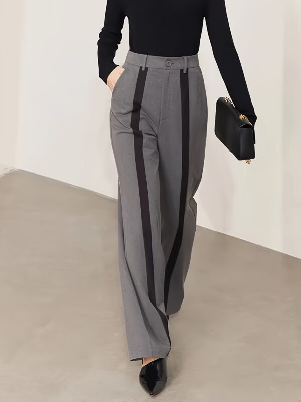 Elegant Black and Gray Wide-Leg Pants - Polyester, Straight Leg, Color Block Design, All-Season Wear, Adult Size, Stylish Casual Attire|Straight Leg Pants|Polyester Fabric - Image 3
