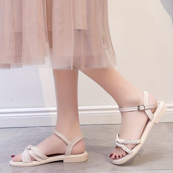 Elegant Women'S Flat Sandals with Buckle Strap - Open Toe, Synthetic Cover, Rubber Sole, Green & White Design, Comfortable Summer Footwea - Image 10