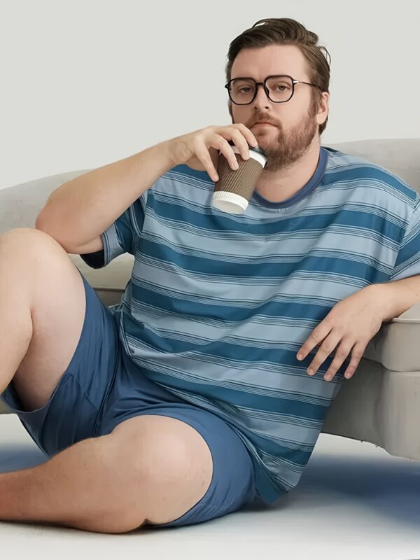 Men'S Plus Size Blue & White Striped T-Shirt and Solid Shorts Pajama Set - Casual Crew Neck, Loose Fit, Summer Loungewear, Relaxed Fit Pajamas | Striped Pattern | Polyester Fabric, PLUS SIZ - Image 6
