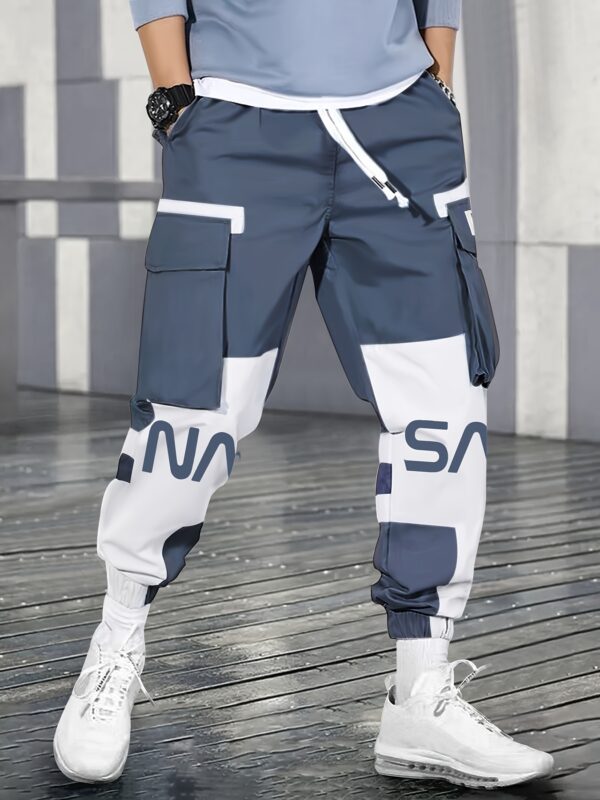 Men's Color Blocking Cargo Pants with Multi Pockets, Casual Drawstring Trousers for Outdoor Activities - Image 3
