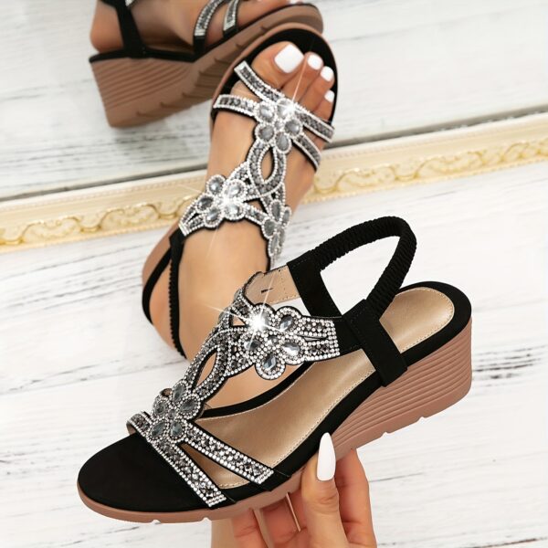 Vibrant Comfort | Bohemian Style Women's Rhinestone Wedge Sandals, Open Toe Platform Heel with Elastic Strap, Summer Beach Music Festival Slip-On Shoes, Man-Made Upper/Inner/Insole, TPR Sole, Beach Sandals | Toe Post Sandals | Decorative Sandals - Image 2