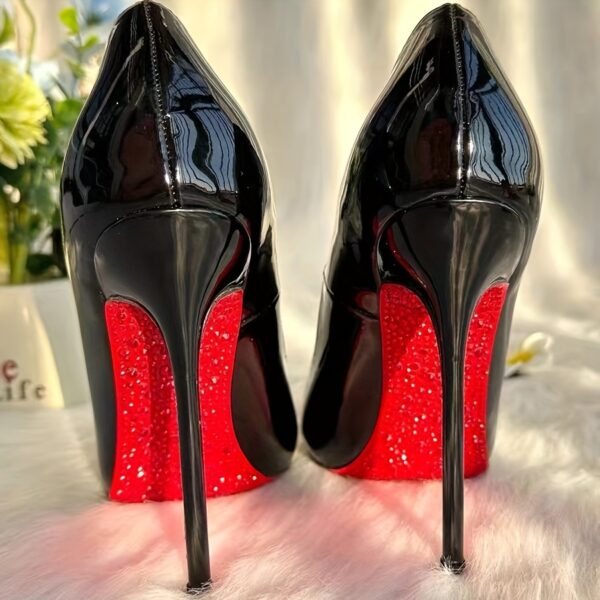 Women's Pointed Toe Glossy Synthetic Cover Stiletto High Heel Pumps - Black with Red Accents, All-Season Versatile Dress Shoes for Formal & Casual Outfits, Stiletto Heels, Formal Footwear, Durable Rubber Sole, Polished Finish Shoes - Image 3