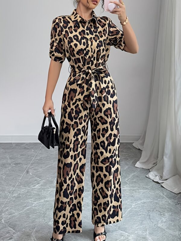 Women's 2025 Summer Leopard Print Jumpsuit - Elegant Short Sleeve Wide-Leg Pants Romper with Button Front, Loose Fit & Princess Sleeves for Casual to Formal Occasions, Adult Clothing | Chic Ensemble | Button Front Design - Image 5