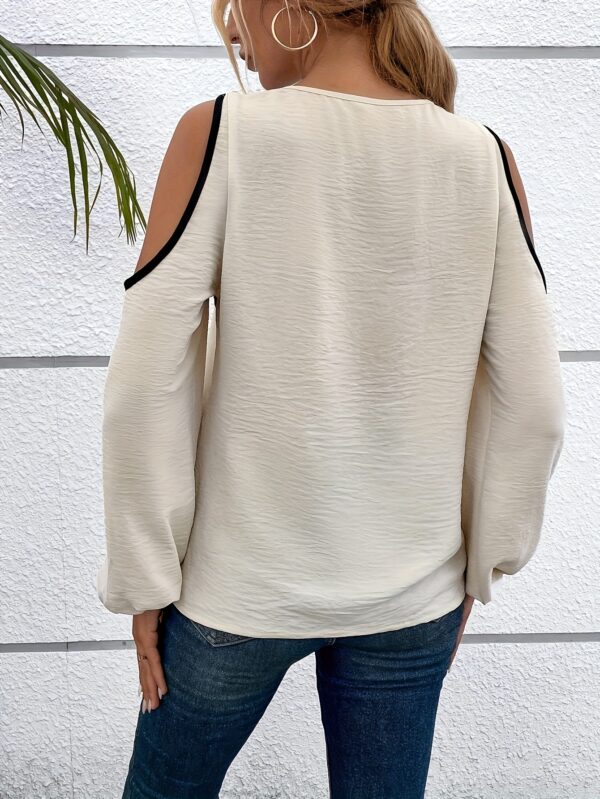Color Block Cold Shoulder Blouse, Asymmetric Neck Long Sleeve Blouse For Spring & Fall, Women's Clothing - Image 2