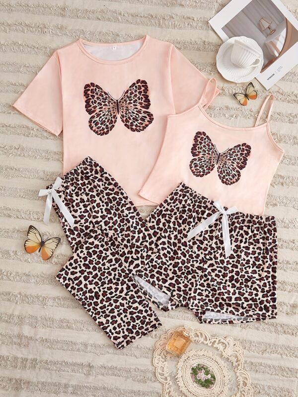Women's Leopard Butterfly Print Casual Pajama Set, Short Sleeve Round Neck Top & Crop Cami Top & Pants & Shorts, Comfortable Relaxed Fit