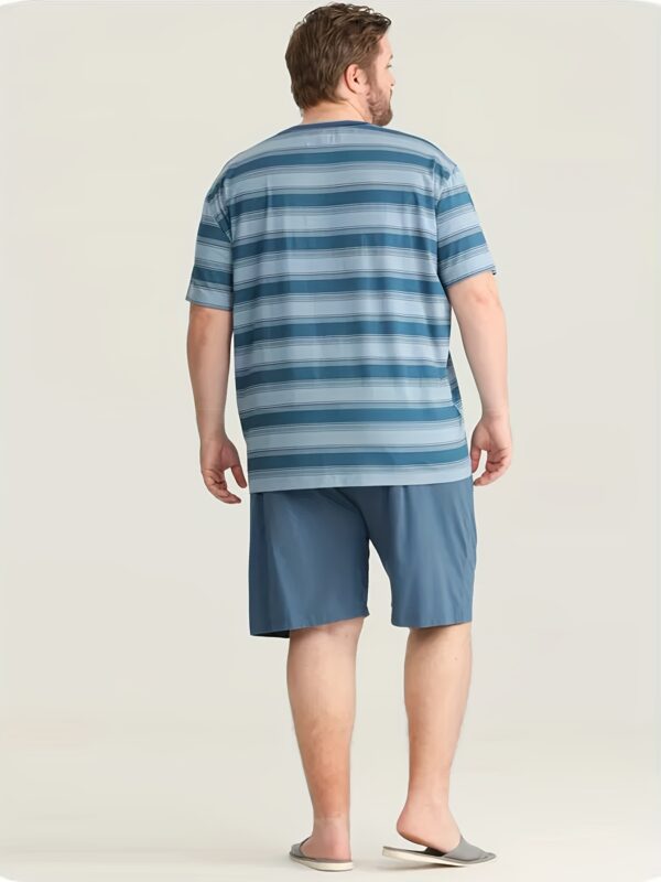 Men'S Plus Size Blue & White Striped T-Shirt and Solid Shorts Pajama Set - Casual Crew Neck, Loose Fit, Summer Loungewear, Relaxed Fit Pajamas | Striped Pattern | Polyester Fabric, PLUS SIZ - Image 2