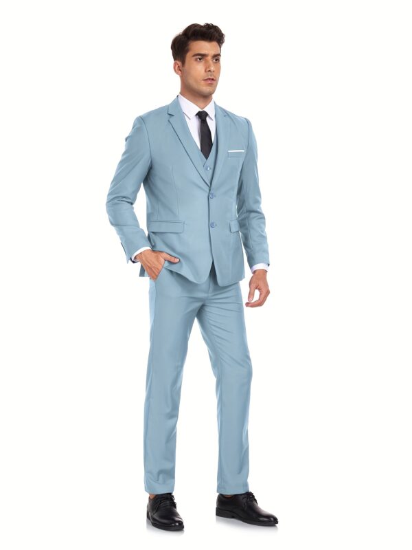 Men'S Navy Blue Three-Piece Suit with Brown Jacket, White Shirt, and Brown Dress Pants - Stylish Casual Attire for All Seasons, Casual Attire|Casual Style|Button Detail