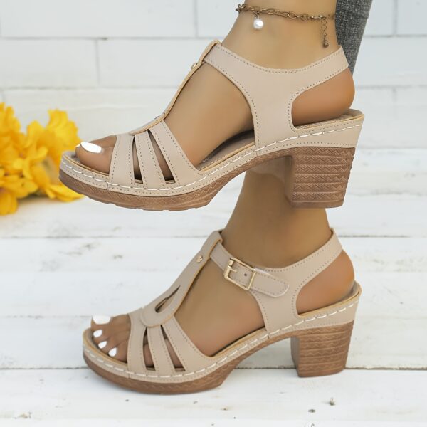 Women's Solid Color Stylish Sandals, Summer T-Strap High Heels, Casual One-Strap Non-Slip Chunky Heels - Image 13
