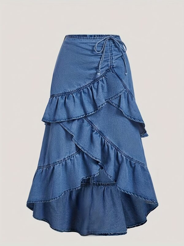 Retro vibe in full swing! Blue denim skirt with irregular ruffle hem and drawstring waist for a relaxed, casual look. Perfect for Casual Attire