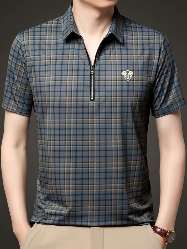 Men's Summer Casual Shirt - Dual-Sided Digital Plaid Print, Stretch Fabric & Golden Zipper Accents, Breathable Short Sleeve H-Fit for Outdoor Activities - Image 7