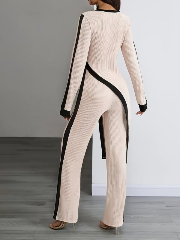 Women'S Elegant Black and White Striped Long Sleeve Jumpsuit with Wide Legs - Polyester, Asymmetrical Design, Perfect for Spring/Fall, Casual to Formal Wear, Casual Attire|Asymmetrical Jumpsuit|Polyester Fabric - Image 17