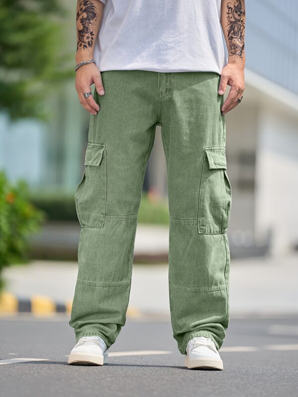 1pc Men'S Casual Cargo Denim Pants, Solid Color, Loose Fit, Non-Stretch, All-Season, Regular Length, Washed Detail, Woven Fabric - Multi-Pocket Design - Image 8
