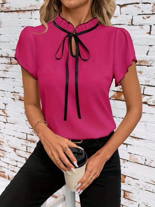 Elegant Women's Contrast Color Block Short Sleeve Shirt - Black & White Contrast Collar & Bow Tie Detail, Regular Fit Machine Washable Spring Summer Casual Office Wear, Spring Fashion, Classic Collared Top, Smooth Fabric, Stylish Blouse, Fashionconscious Women, Spring Fashion Top, Lightweight Fabric, Collared Blouse, Adult Women
