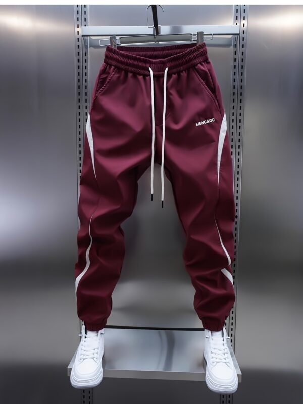 Men'S Slim-Fit Athletic Joggers with White Striped Side Panels, Elastic Waistband & Drawstring, Embroidered Lettering - Maroon & White Casual Streetwear Pants for Gym, Casual Attire, and Everyday Comfort, Jogging Pants, Gym Apparel, Sporty Style, Durable Fabric