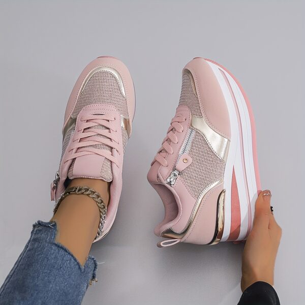 Women'S Pink Breathable Road Running Shoes, Wedge Platform Sneakers with Moire Pattern, Cushioned Support, All-Season Synthetic Upper & PVC Sole, Casual Athletic Footwear for Outdoor Activities, Outdoor Sports Shoes | Stylish Women'S Shoes | Comfortable Fit