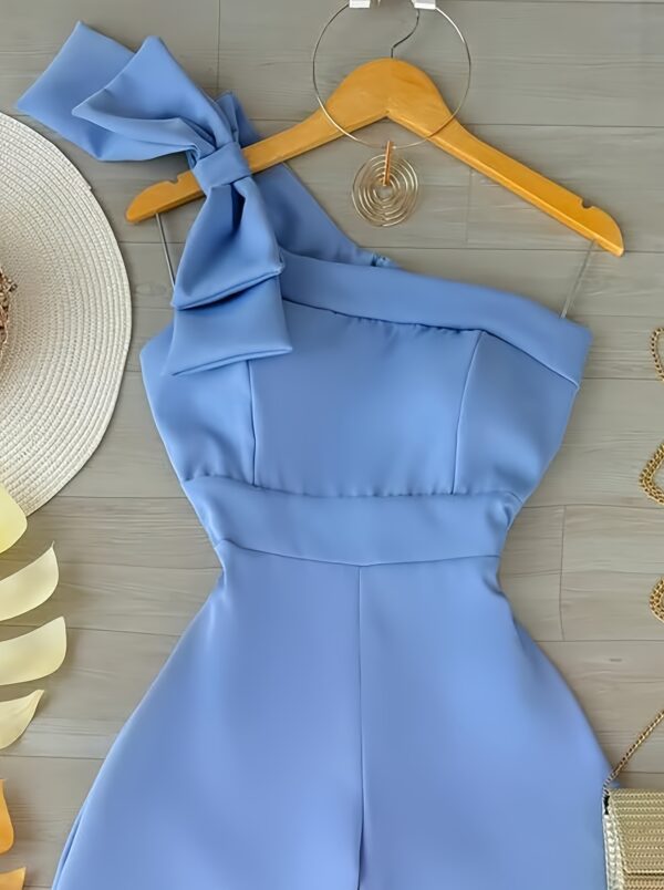 Women's Light Blue Single Shoulder Bow Wide-Leg Jumpsuit - Elegant Summer Beachwear with Adjustable Straps, Solid Color Non-Stretch Fabric for Casual Outings & Vacation Essentials, Beach Dress, Stylish Leisurewear, Smooth Texture - Image 5