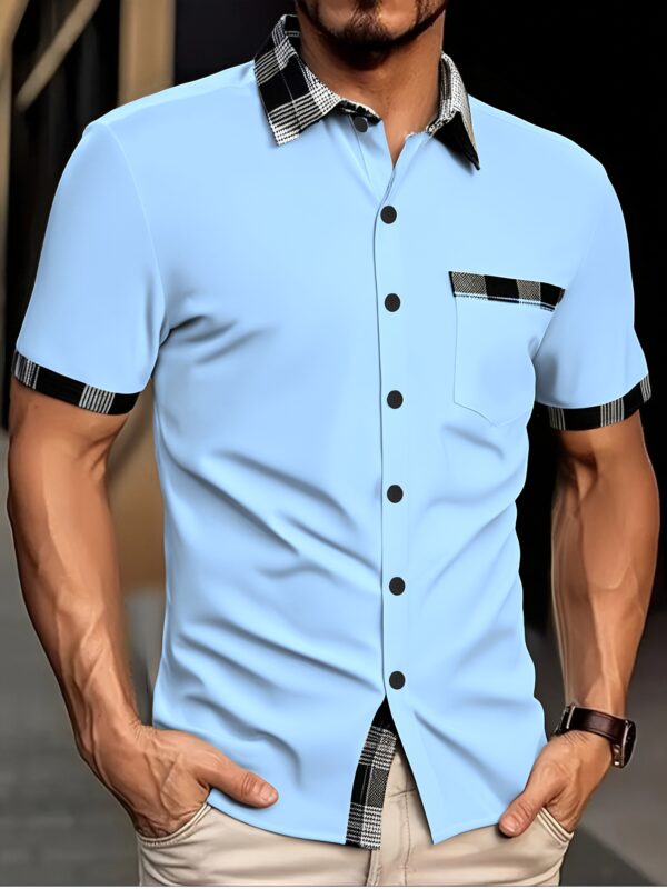 Men's Summer Casual Shirt - Plaid Design Short Sleeve Button-Up with Chest Pocket, Breathable Regular Fit for Streetwear & Couple Dating, Machine Washable, Shirts for Summer - Image 3