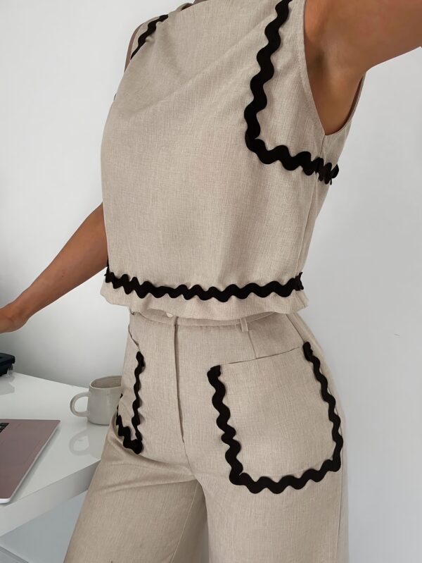 Women'S Summer 2pcs Set, Contrast Trim Blouse and Loose-Fitting Pants, Perfect for Daily Wear, Office, and Commuting, Casual Attire|Contrast Trim Top|Loose Fit Pants - Image 3