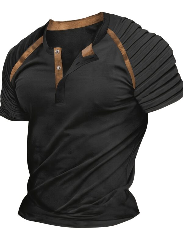 1pc Men'S Summer Casual Short Sleeve T-Shirt, Striped Knit Polyester Fabric, Regular Fit, with Pleated Design, Asymmetric Hem, Button-Down Half Collar for Fashionable Streetwear - Image 4