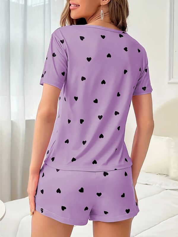 Women'S Elegant Pink Heart-Print Shorts Pajama Set - Polyester Knit Fabric, Short Sleeve Top & Shorts with Elastic Waistband, Perfect for All Seasons, Adult Sleepwear|Elegant Sleepwear|Polyester Fabric - Image 16