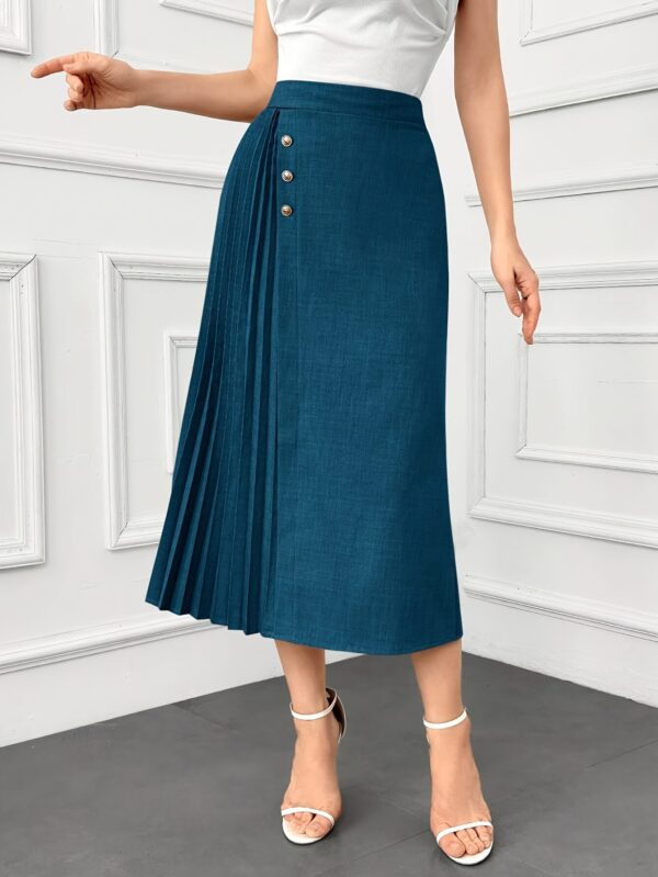 Elegant Dark Blue Pleated Midi Skirt with Front Button Detail - High-Waisted, Non-Stretch Polyester Blend for Women - Perfect for Spring & Summer Office or Casual Wear, Spring Attire | Highwaisted Skirt | Smooth Appearance - Image 9