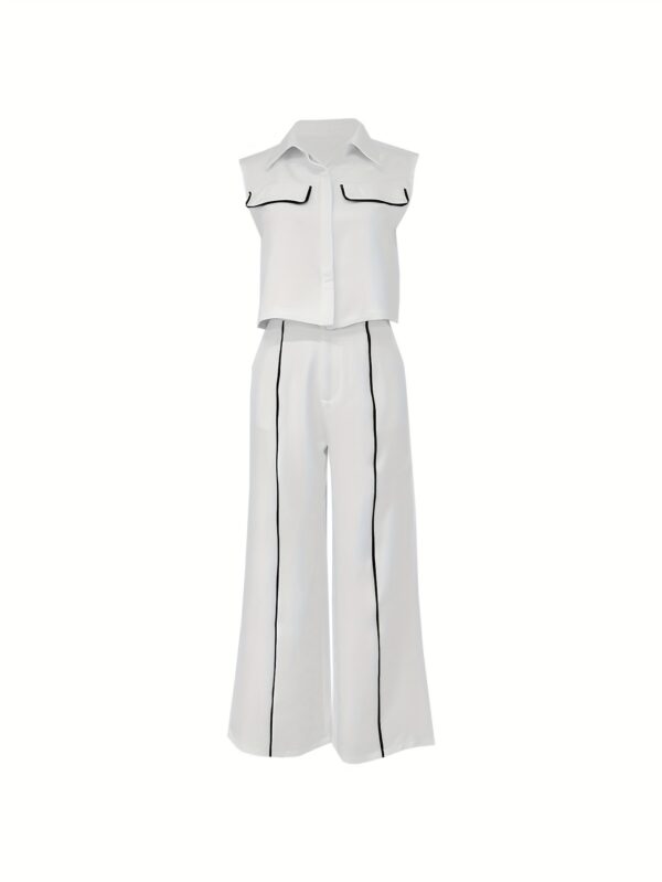 Elegant Women'S Sleeveless White Pantsuit with Contrast Details - Polyester, Spring/Summer Fashion, Half Placket Top, Wide Leg Pants, Stylish Office Attire, Office Attire | Modern Casualwear | Polyester Fabric - Image 3