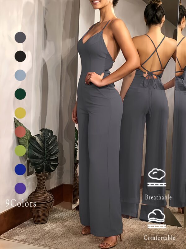 Cross Tie Back V-neck Jumpsuit, Sexy Solid Backless Jumpsuit For Spring & Summer, Women's Clothing - Image 2