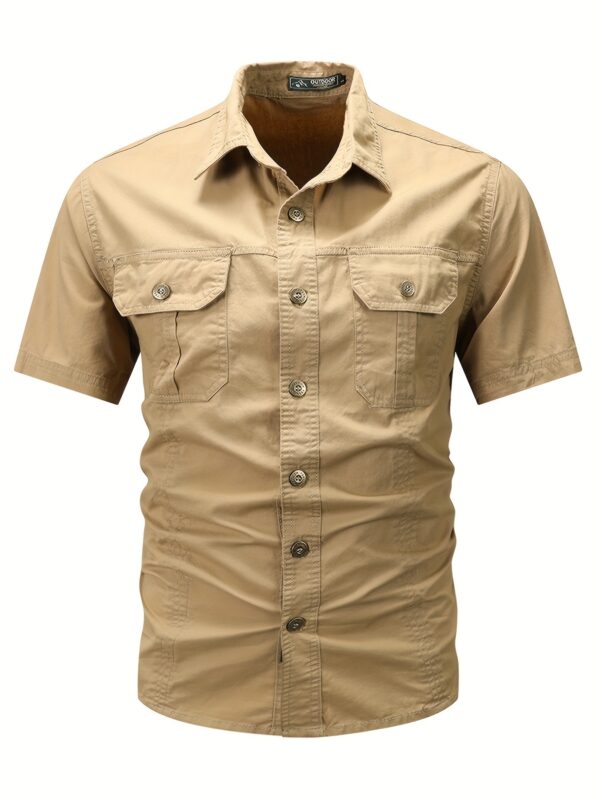 Men'S Summer Casual Short-Sleeve Shirt, 100% Cotton, Solid Color, Lapel Collar, Regular Fit, Woven Fabric, 170gsm, with Pockets, for Outdoor Hiking & Daily Wear - Image 5