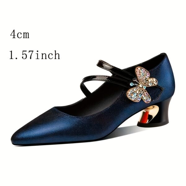 Women's Rhinestone Bow Buckle Strap Pointed-Toe Pumps - Golden-Plated Mid Block Heel, Lightweight Synthetic Cover & PVC Sole, All-Season Elegant Dress Shoes for Casual & Formal Events, Strappy Heels, Formal Footwear, Durable PVC Sole - Image 11