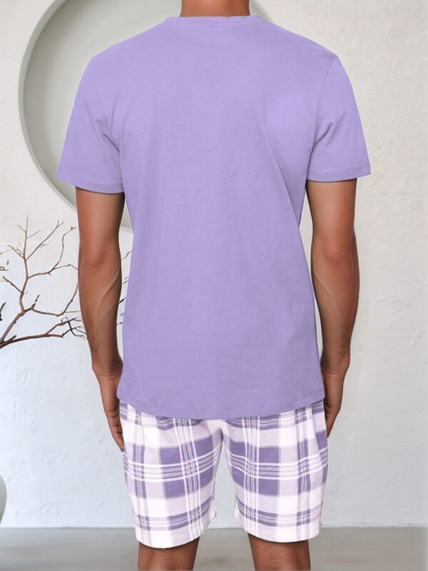 Spring, Summer, and Autumn Men's Fashion Casual Pajama Set with Plaid Print Pants, Polyester Blend, Comfortable Short Sleeve and Shorts Two-Piece Set - Image 9