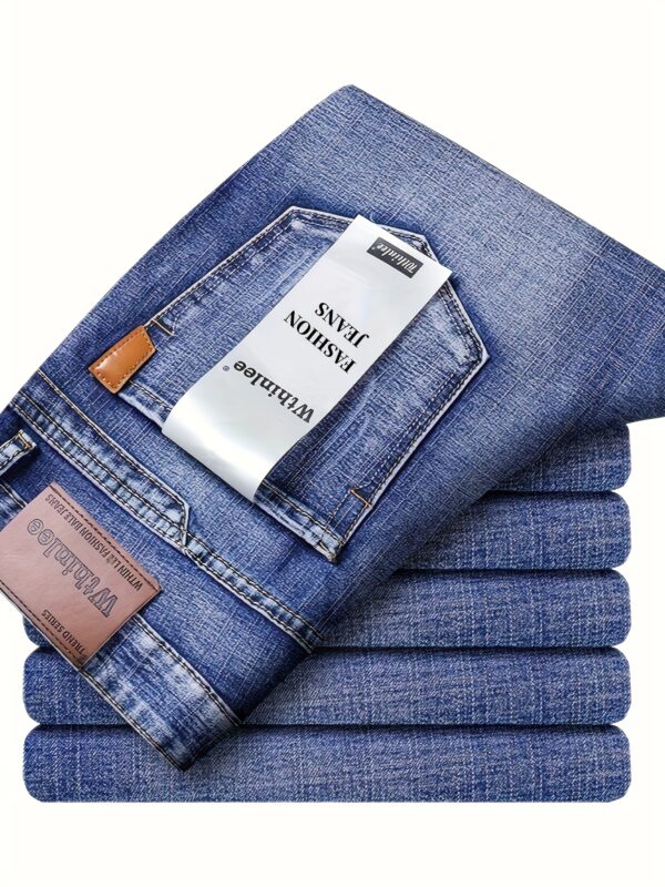 1pc Men'S Classic Denim Jeans - All-Season Stretch Regular Fit Solid Color Washed Basics, 64.5% Cotton, 33.5% Polyester, 2% Spandex, Woven Fabric, Casual Business Work Pants