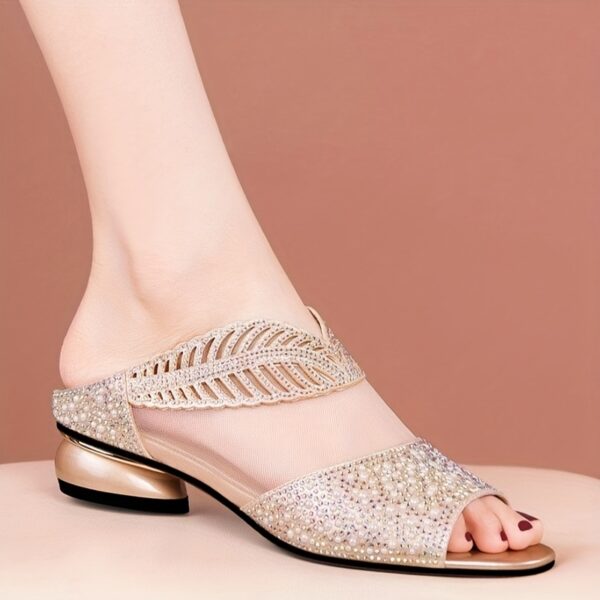 Everyday Comfort, Elegant Women's Summer Fashion Sandals - Open Toe, Comfortable Low Heel Slide Shoes with Sparkling Rhinestone Accents and Breathable Mesh Upper, Perfect for Outdoor Wear, Strappy Sandals