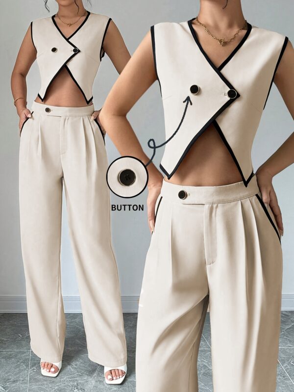 2025 New Summer Suit with Button and Belly Button Exposed, Wide Leg Pants Two-Piece Set